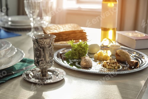 Preview: Table served for Passover (Pesach) Seder indoors