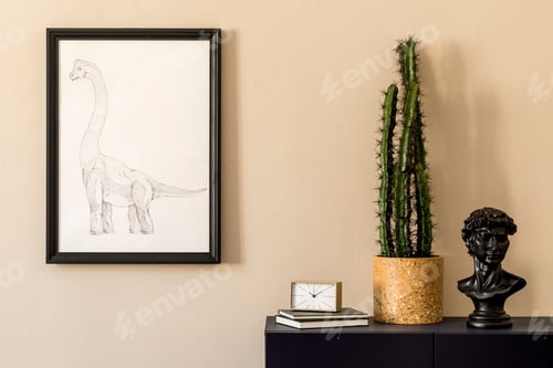 Preview: Stylish interior of living room with black mock up poster frame.
