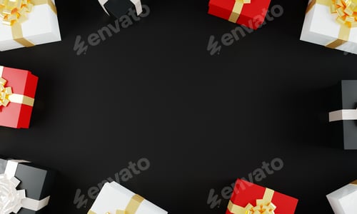 Preview: Multicolored Present boxes on black background mockup, top view. Holiday presents concept