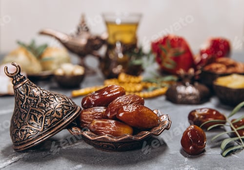 Preview: Ramadan table, dates on the background of traditional dishes with other meal