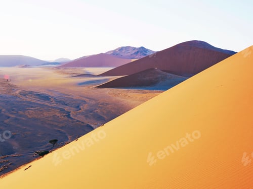 Preview: Golden sand dune edges with shadows cast during sunrise over a vast desert landscape.