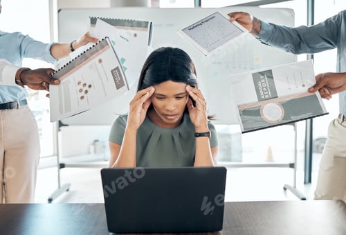 Preview: Stress, time management and paperwork of a business woman with laptop, folder and company deadline