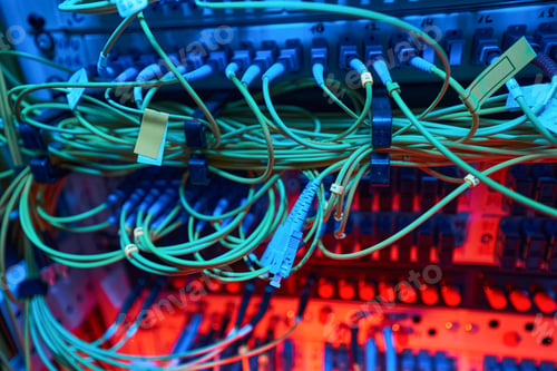 Preview: Patch panel of server cabinet with network cables