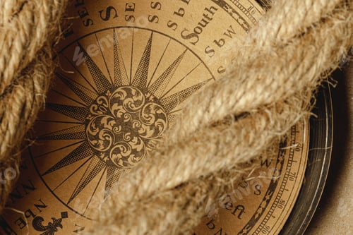 Preview: Ship rope and compass on wooden background