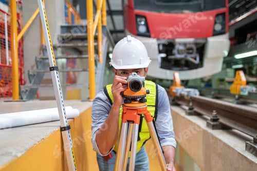 Preview: Engineer uses equipment to survey the level of railroad tracks in a maintenance plant.