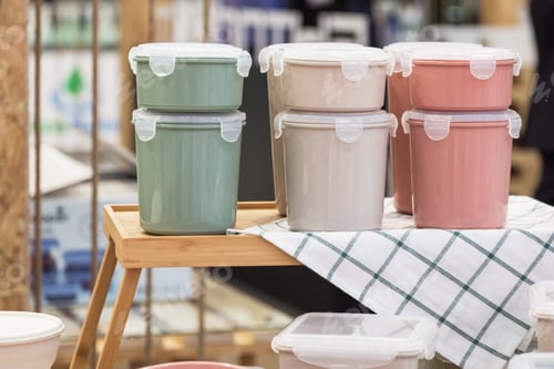 Preview: Assortment various plastic containers for food, freezing products and storage in the refrigerator