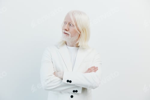 Preview: Male model with long white hair and beard, wearing a stylish white suit, posing thoughtfully against