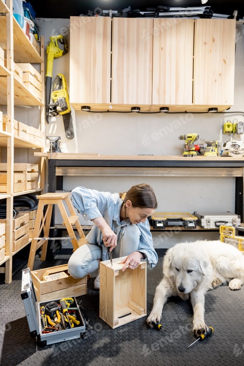 Preview: Woman reparing with a dog in the workshop