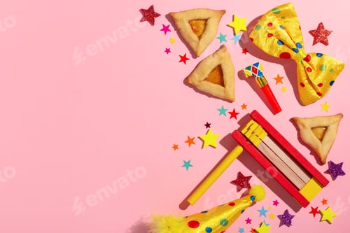 Preview: Purim border, carnival background with traditional hamantaschen cookies, costume accessories and dec