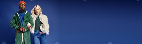 Preview: multiethnic couple banner, blonde woman in white faux fur jacket and african american man on blue