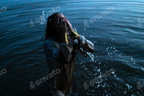Preview: A desperate woman washes her face in the splash of cold lake water, a gold bracelet