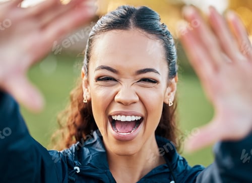 Preview: Selfie, face and an excited woman with energy outdoor for freedom or wellness on a blurred backgrou
