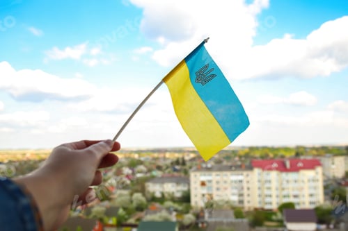 Preview: Ukraine flag. Large national symbol fluttering in blue sky. Support and help Ukraine, Independence C