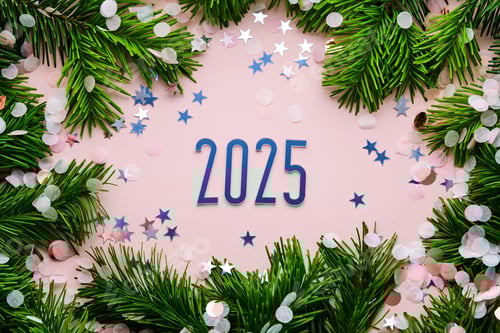Preview: New Year 2025 pink background. Number of the coming year in Christmas decoration.
