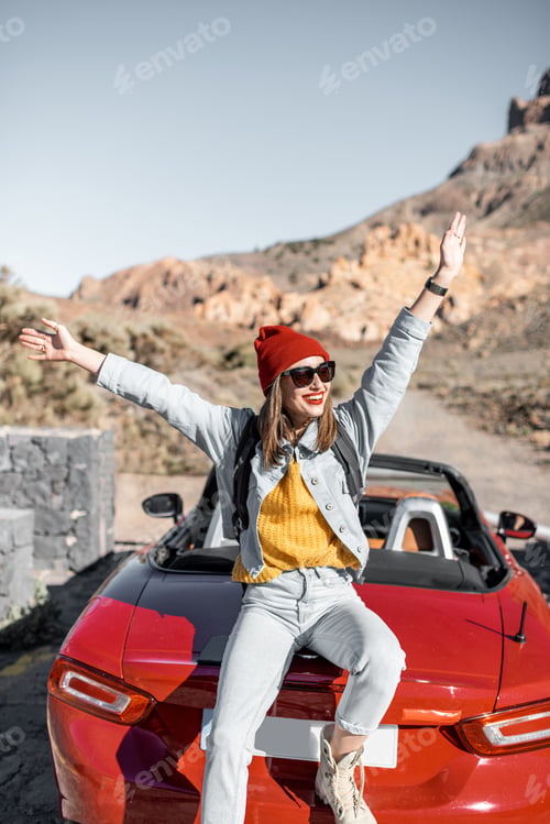 Preview: Woman traveling by car on the dessert valley