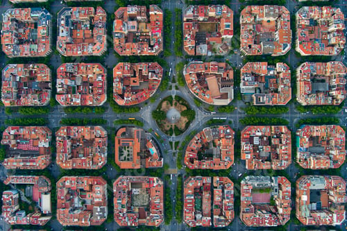 Preview: Aerial view of typical buildings of Barcelona cityscape. Eixample residential famous urban grid