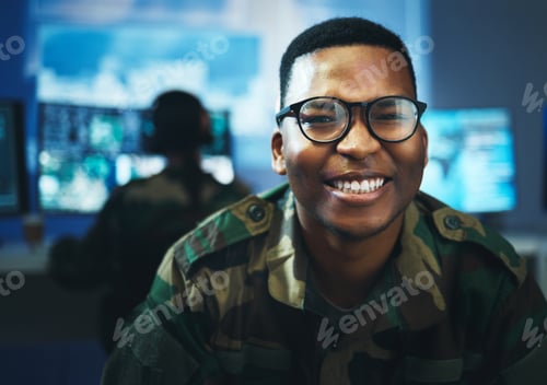 Preview: Military, surveillance and happy portrait of man in cybersecurity, control room and government comm