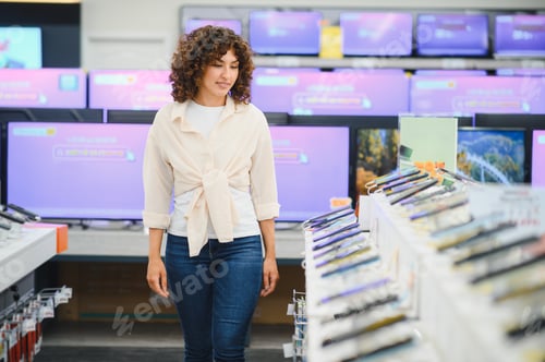 Preview: Woman choosing smartphones in electronics store with televisions on background