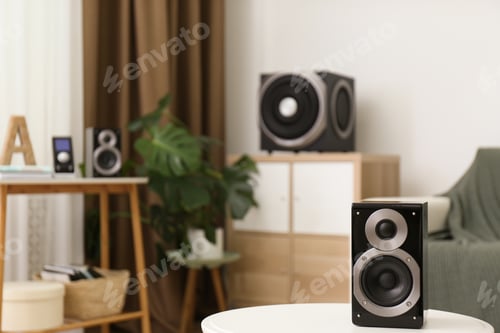 Preview: Modern powerful audio speaker system in bright room