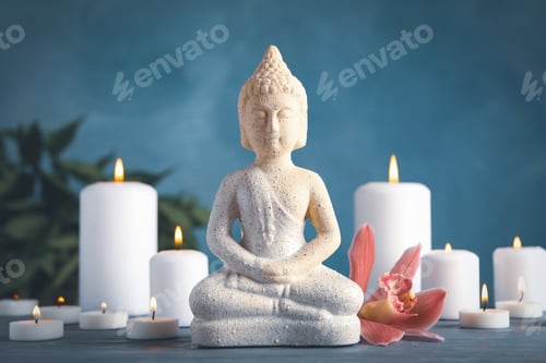 Preview: Buddha Statue with Candles and Orchid Flower