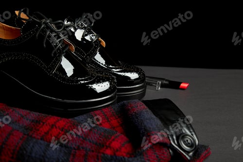 Preview: Autumn stylish woman's outfit. Red striped coat, black oxford shoes