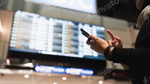 Preview: Woman in international airport, using mobile smartphone and checking flight schedule at the flight