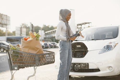 Preview: African American girl charging electro car at the electric gas station