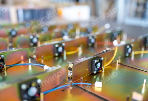 Preview: Rainbow metal details of TFT displays on table in workshop