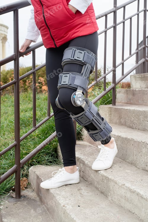 Preview: Woman wearing knee brace or orthosis after leg surgery, walking in the park