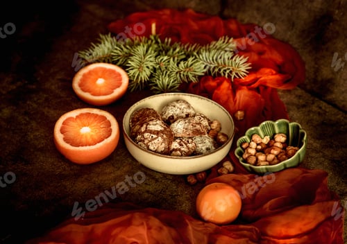 Preview: Homemade cookies and nuts in a bowl on a table