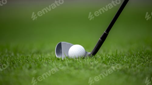 Preview: Golf club chip golf ball onto the green, Golf ball on rough chipping golf ball.