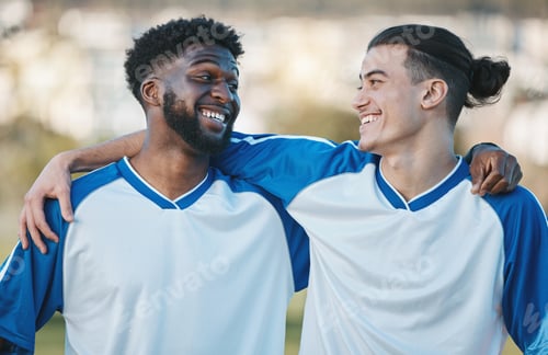 Preview: Fitness, soccer and friends with sports men hugging during training, a game or competition outdoor.