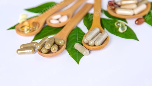 Visualização: Cápsulas de suplementos de ervas em fundo de folhas verdes. Foco seletivo
.