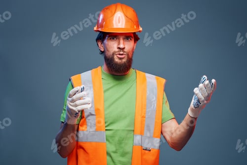 Preview: Worker man Construction uniform emotions engineer professional blue background
