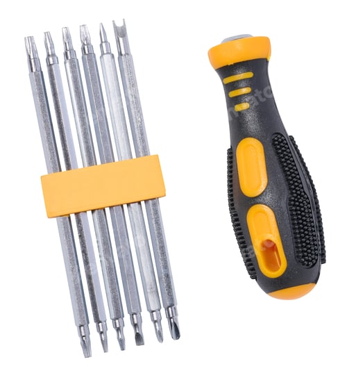 Preview: Set of metal screwdriver bits and handle on isolated background