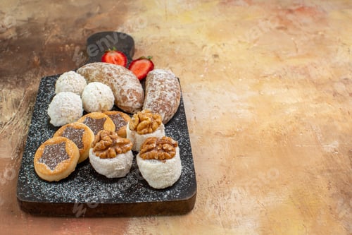 Preview: front view yummy sweets with cookies and confitures on wooden desk sweet cake pies