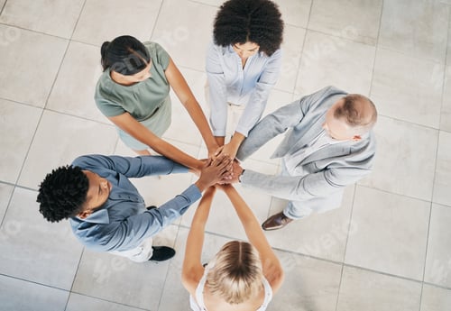 Preview: Office, business people and top view of a stack of hands for celebration, motivation or team buildi