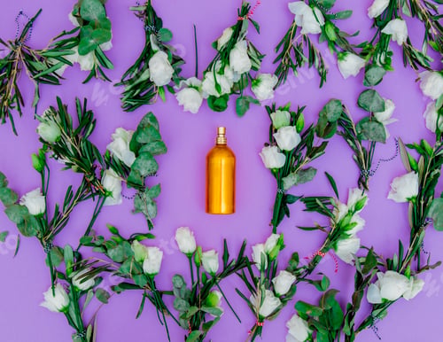 Preview: White roses and golden bottle on purple background