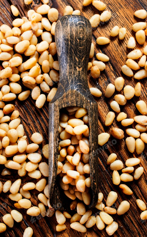 Preview: Pine nuts (cedar nuts) - delicious siberian product with nice taste and hale. Top view.