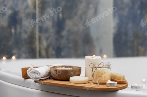 Preview: Hotel spa treatment or home bath procedure. Bathroom with accessories on tray