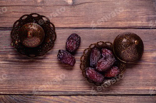Preview: Dried dates fruit and coffee. Popular fruit of Ramadan.
