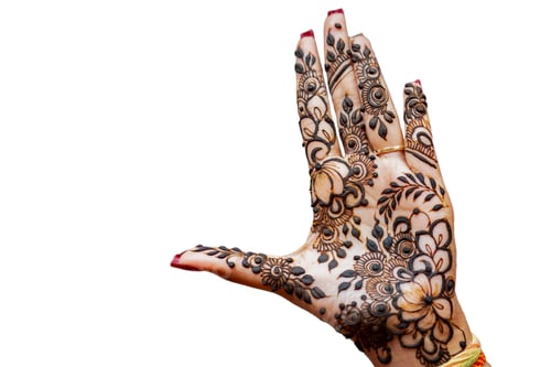 Preview: Woman with henna drawings on her hand isolated on a white background