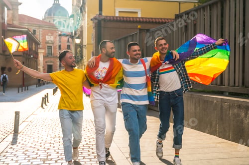 Preview: Couples of men having fun at the demonstration with the rainbow flags, gay pride party in the city