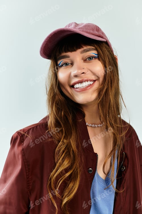 Preview: Stylish young woman showcases vibrant fashion with playful elements in a modern setting