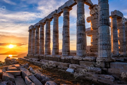 Preview: Poseidon temple ruins on Cape Sounio on sunset, Greece
