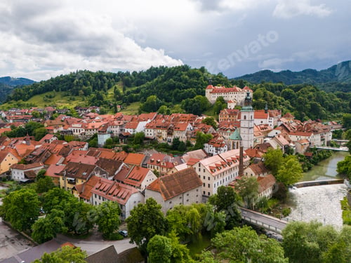 Preview: Aerial Drone View of Charming Skofja Loka Townscape in Slovenia