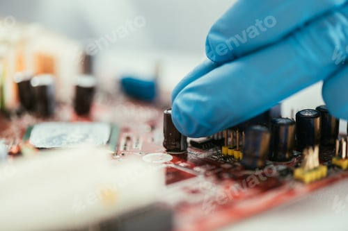 Preview: selective focus of hand of engineer in rubber glove near computer motherboard