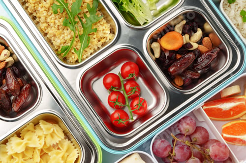 Preview: Many containers with delicious healthy food for background