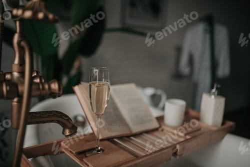 Preview: Luxury interior eco style modern bathroom with oval bathtub and champagne glass at natural lighting