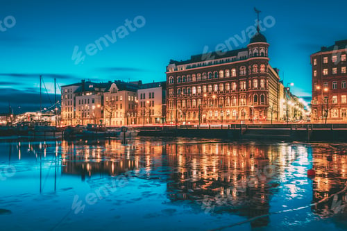 Preview: Helsinki, Finland. View Of Pohjoisranta Street In Evening Or Nig